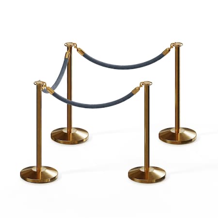 Montour Line Stanchion Post and Rope Kit Sat.Brass, 4 Flat Top 3 Gray Rope C-Kit-4-SB-FL-3-PVR-GY-PB